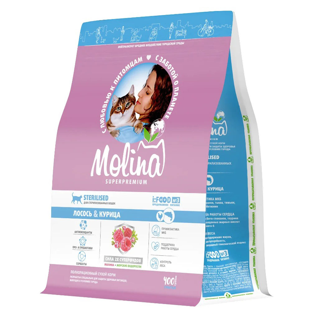 Сухой Корм Molina (Молина) Cat Sterilized Для Стерилизованных Кошек Лосось и Курица 400г 1060758