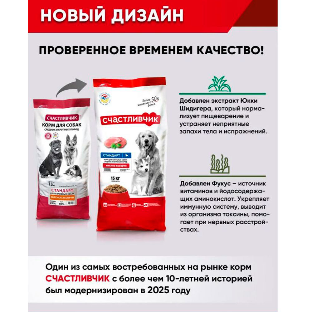Сухой Корм Счастливчик Юниор Для Щенков  Мясное Ассорти 15кг 4014