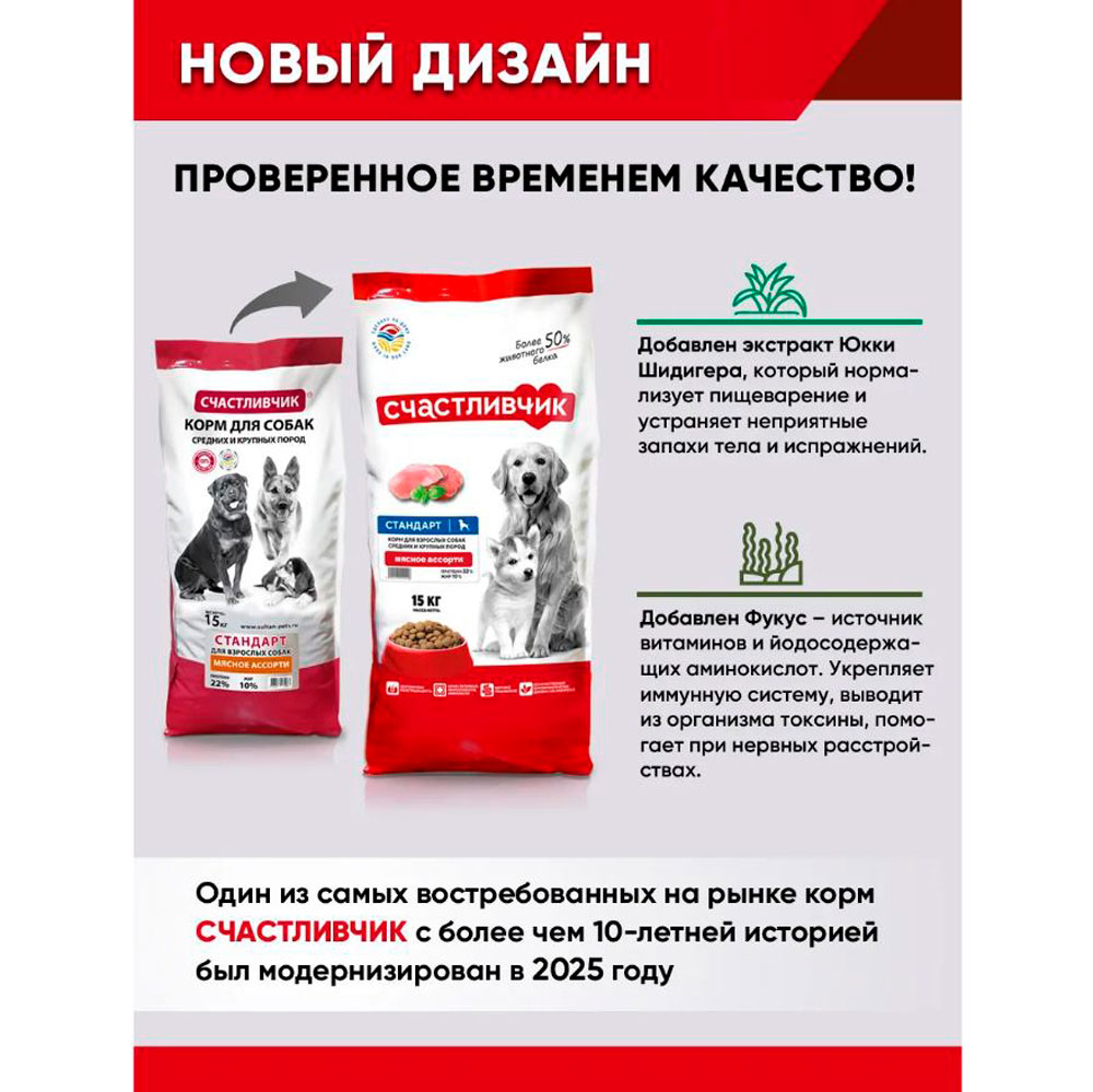 Сухой Корм Счастливчик Лайт Для Собак Индейка и Горошек 15кг 4908