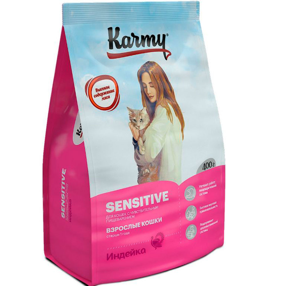 Сухой Корм Karmy (Карми) Sensetive Для Кошек с Чувствительным Пищеварением Индейка 400г Н