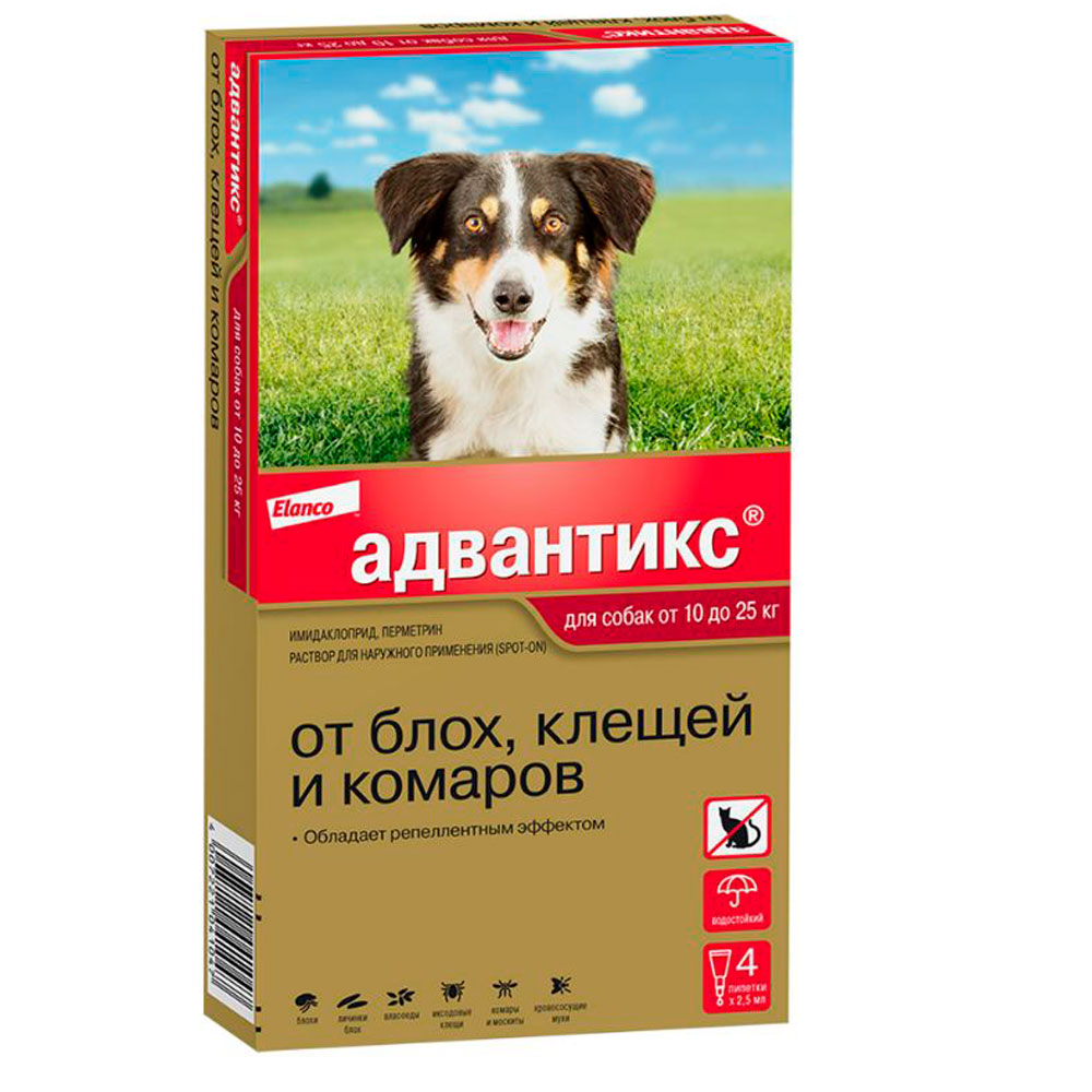 Адвантикс Капли На Холку Для Собак 10-25кг 2,5мл Упаковка 4 Пипетки(Чв)