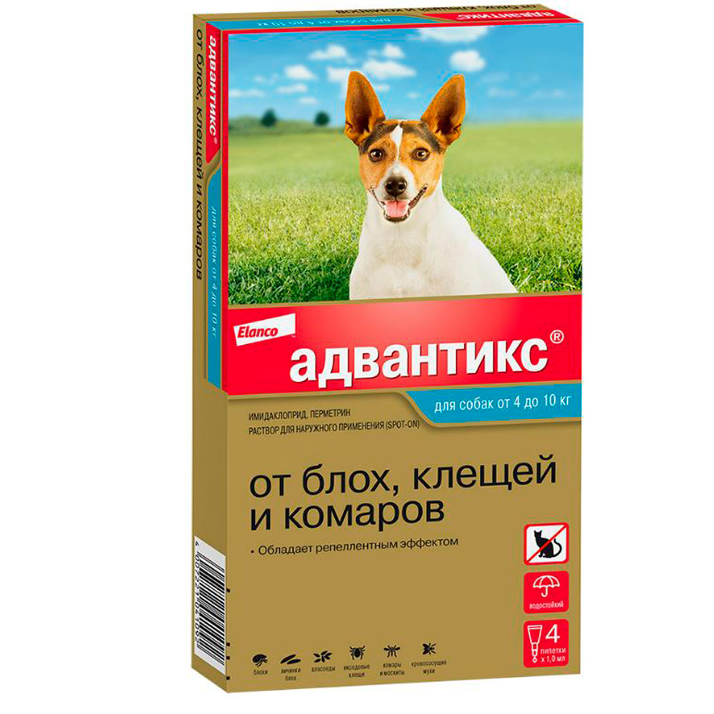 Адвантикс Капли На Холку От Блох и Клещей Для Собак 4-10кг 1мл Упаковка 4 Пипетки(Чв)