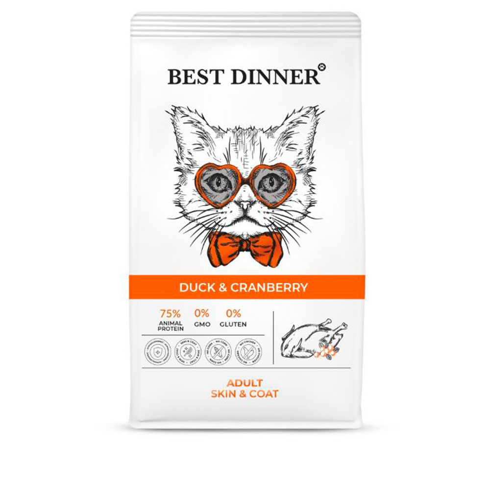 Сухой Корм Best Dinner (Бест Диннер) Adult Skin Coat Для Кошек с Чувствительной Кожей и Шерстью Утка Клюква 10кг