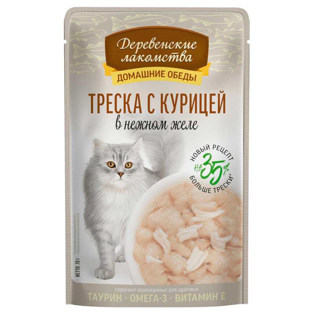 Влажный Корм Деревенские Лакомства Треска и Курица в Желе 70г 79219906