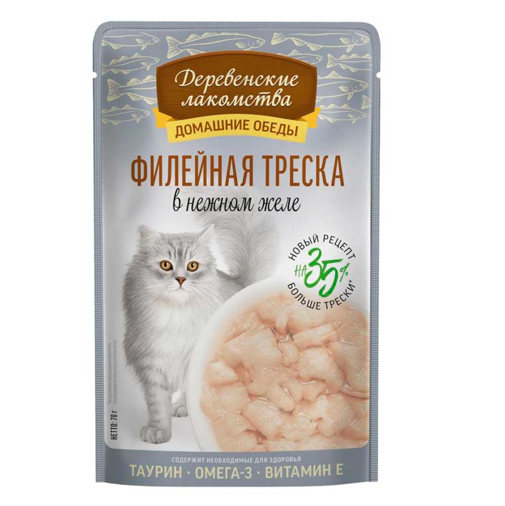 Влажный Корм Для Кошек Деревенские Лакомства Филе Треска в Желе 70г 79219845