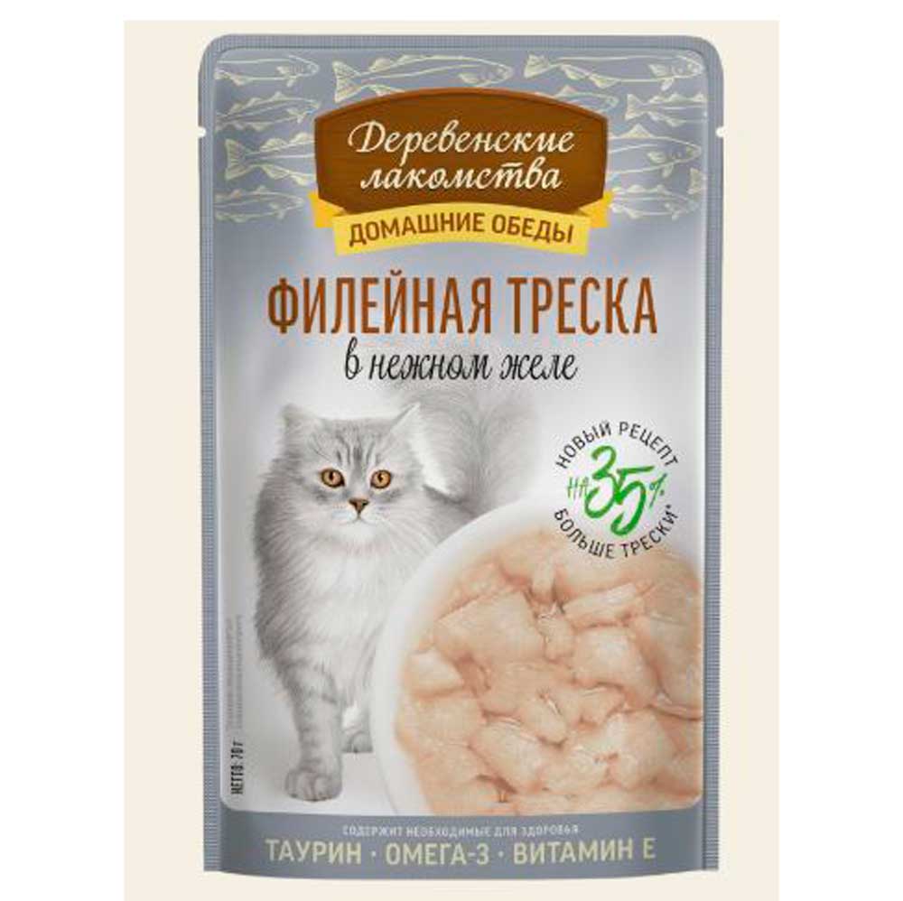 Влажный Корм Для Кошек Деревенские Лакомства Филе Треска в Желе 70г 79219845