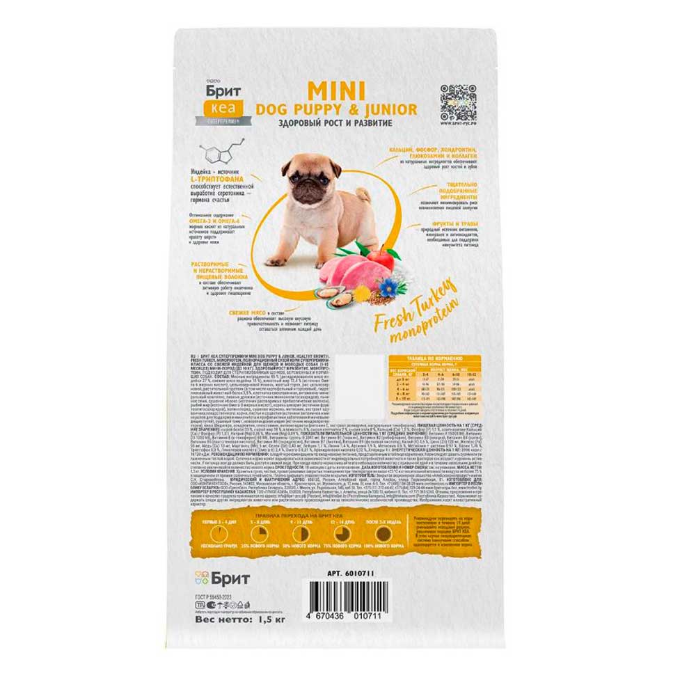 Сухой Корм Брит Кеа Mini Dog Puppy &amp; Junior Healthy Growth Monoprotein Для Щенков и Молодых Собак Мини-Пород  Индейка 1,5кг 6010711