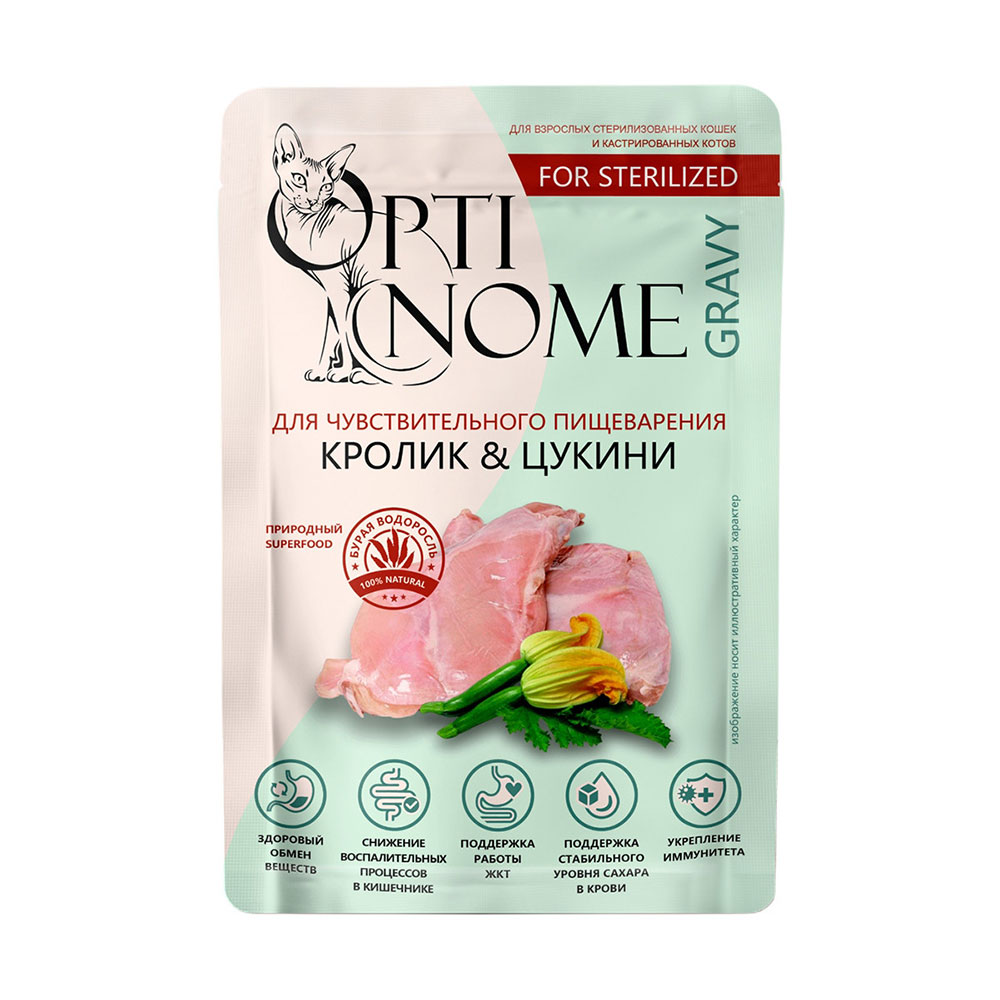 Влажный Корм Для Стерилизованных Кошек Optinome (Оптином) При Чувствительном Пищеварении Кролик и Цукини Соус Пауч 75г 32043