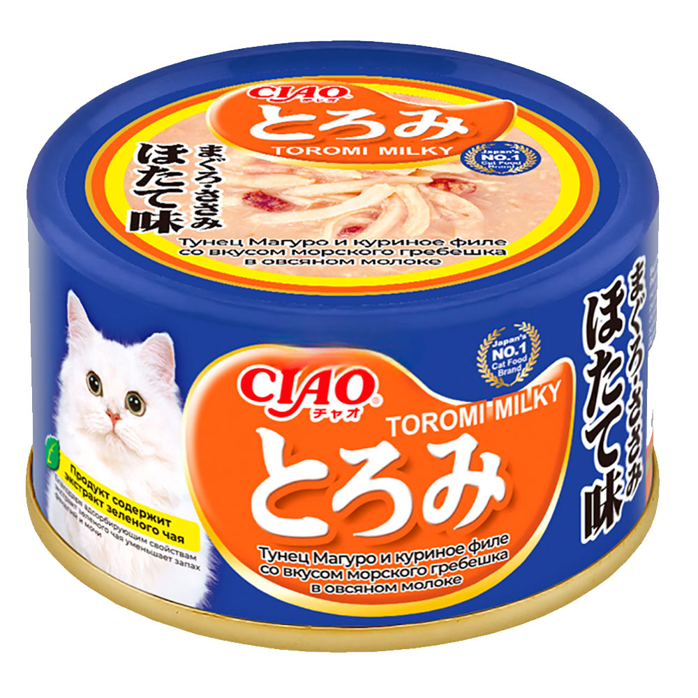 Консервы Inaba (Инаба) Toromi Milky Для Взрослых Кошек Всех Пород Крем-Суп Тунец Магуро Куриное Филе Морской Гребешок и Овсяное Молоко 80г