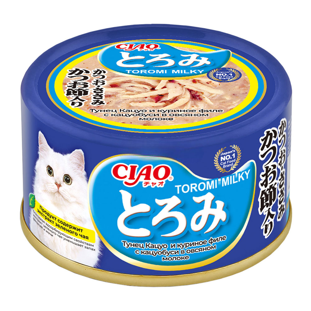 Консервы Inaba (Инаба) Toromi Milky Для Взрослых Кошек Всех Пород Крем-Суп Тунец Кацуо Куриное Филе Кацуобуси и Овсяное Молоко в Соусе 80г