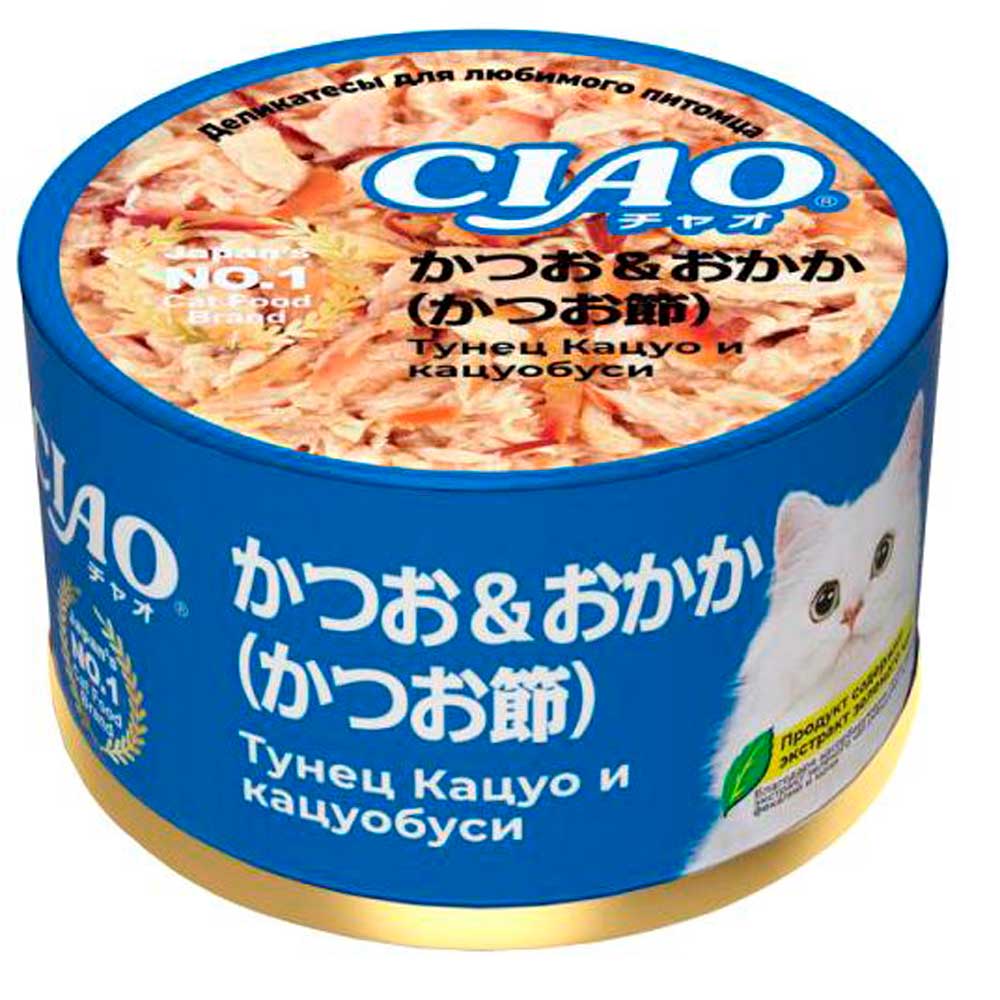 Консервы Для Кошек Inaba (Инаба) CIAO Can Для Здоровья Сердца и Отличного Пищеварения Отборный Тунец Кацуо и Копченая Стружка Кацуобуси в Желе 85г