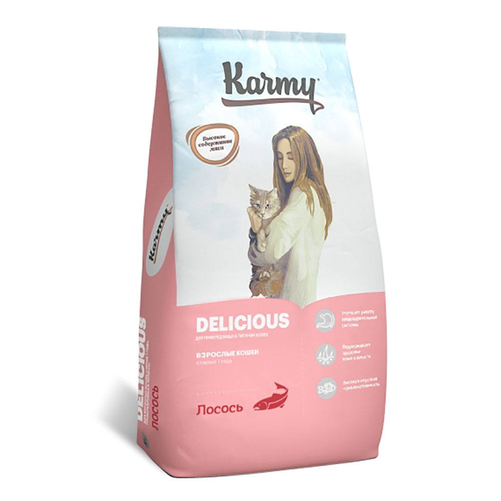 Сухой Корм Для Привередливых Взрослых Кошек Karmy (Карми) Delicious Для Повышения Аппетита, Блеска Шерсти и Здоровья Кожи Лосось 10кг Н