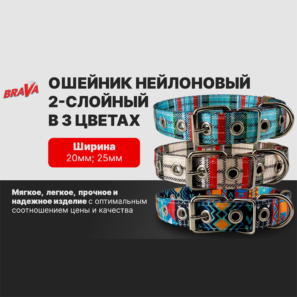 Ошейник Для Собак Мелких Пород Brava (Брава) №20 Нейлон Дизайн 2 Слойный ОШ 32-47см Арт998