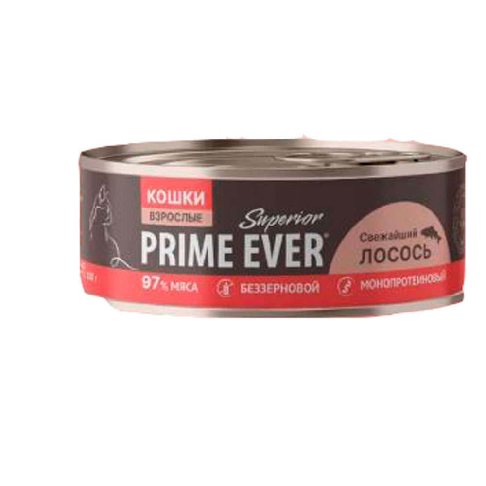 Консервы Для Кошек Prime Ever (Прайм Эвер) Superior Cat Мясной Сбалансированный Рацион Для Здоровья Кожи и Блеска Шерсти Свежайший Лосось 100г