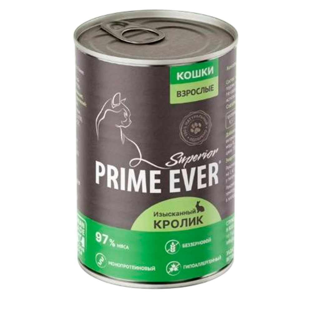 Консервы Для Кошек Prime Ever (Прайм Эвер) Superior Cat Мясной Сбалансированный Рацион Для Здоровья Кожи и Блеска Шерсти Изысканный Кролик 340г
