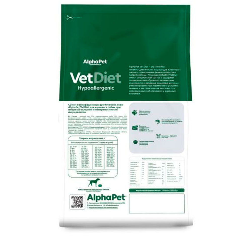 Ветеринарный Сухой Корм Для Собак AlphaPet (Альфапет) VetDiet Hypoallergenic Диетическое Питание При Пищевой Аллергии и Непереносимости 2кг