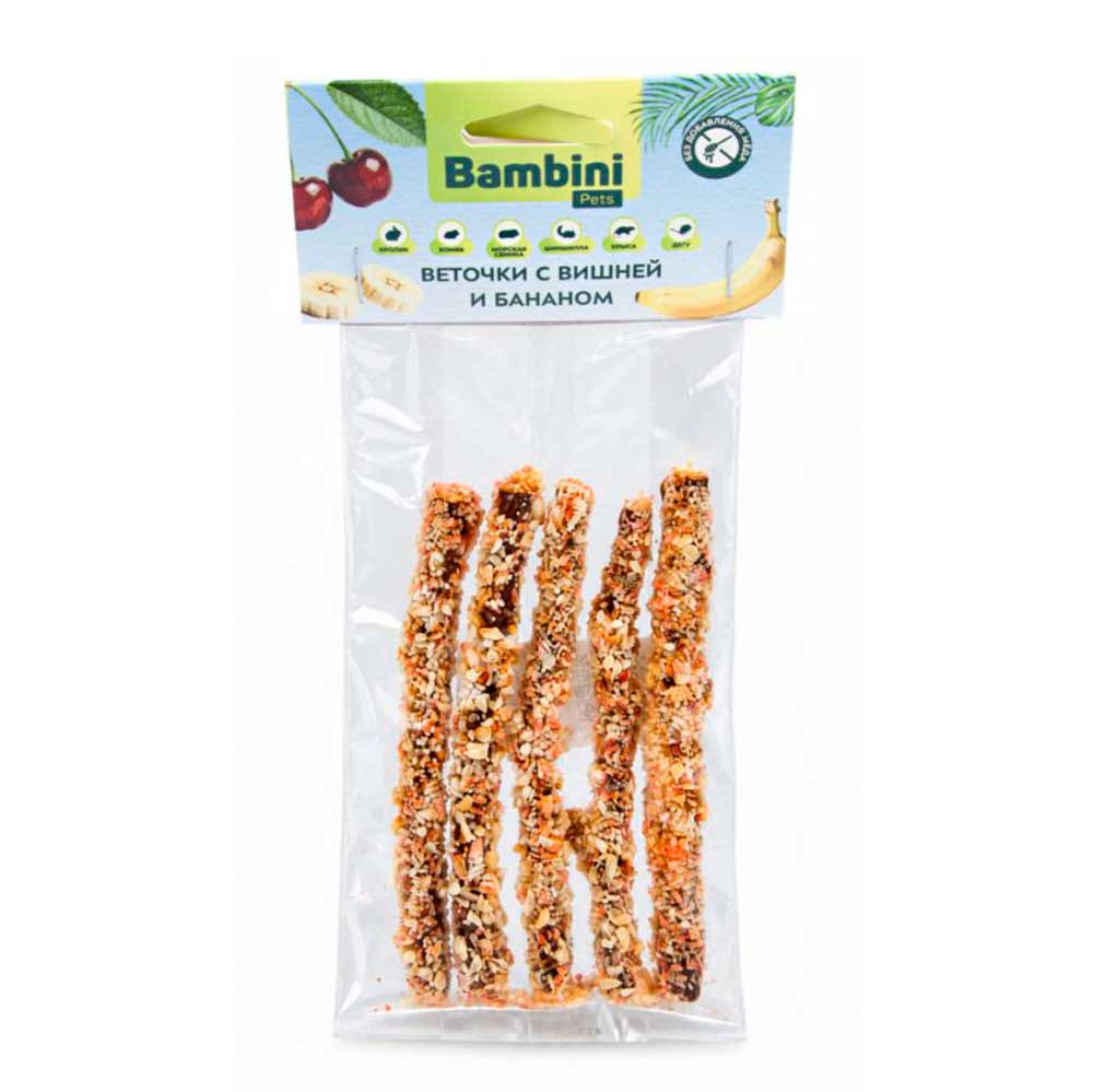 Натуральное Лакомство Для Грызунов И Кроликов Bambini Pets (Бамбини Пэтс) Фруктовые Веточки Вишни с Ароматом и Вкусом Банана 30г