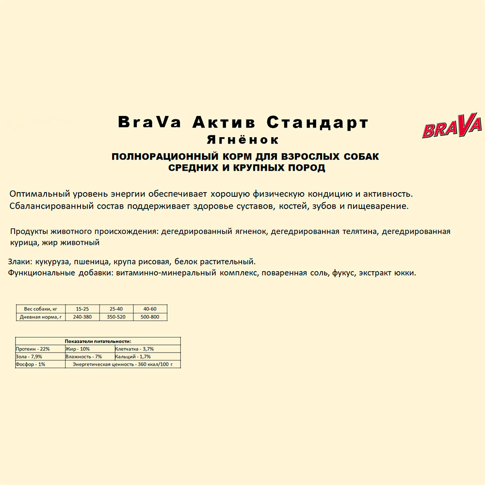 Корм Для Собак Средних и Крупных Пород Brava (Брава) Актив Стандарт Ягненок 13кг