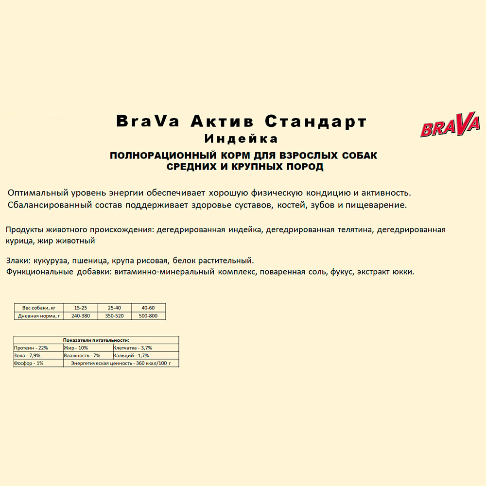 Корм Для Собак Средних и Крупных Пород Brava (Брава) Актив Стандарт Индейка 13кг