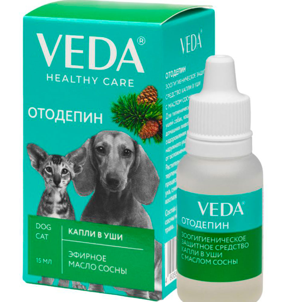 Отодепин Зоогигиенические Ушные Капли Для Собак И Кошек VEDA (Веда) с Маслом Сосны Противовоспалительное Средство Для Очищения Ушей и Заживления Травм 15мл
